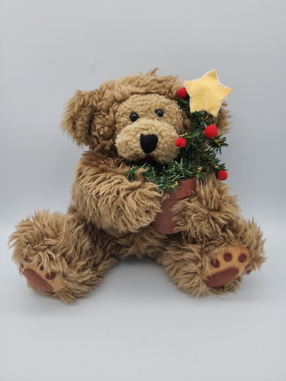 Holiday Stuffed Teddy Bear Holding Christmas Tree in Terracotta Pot Fluffy Bear
